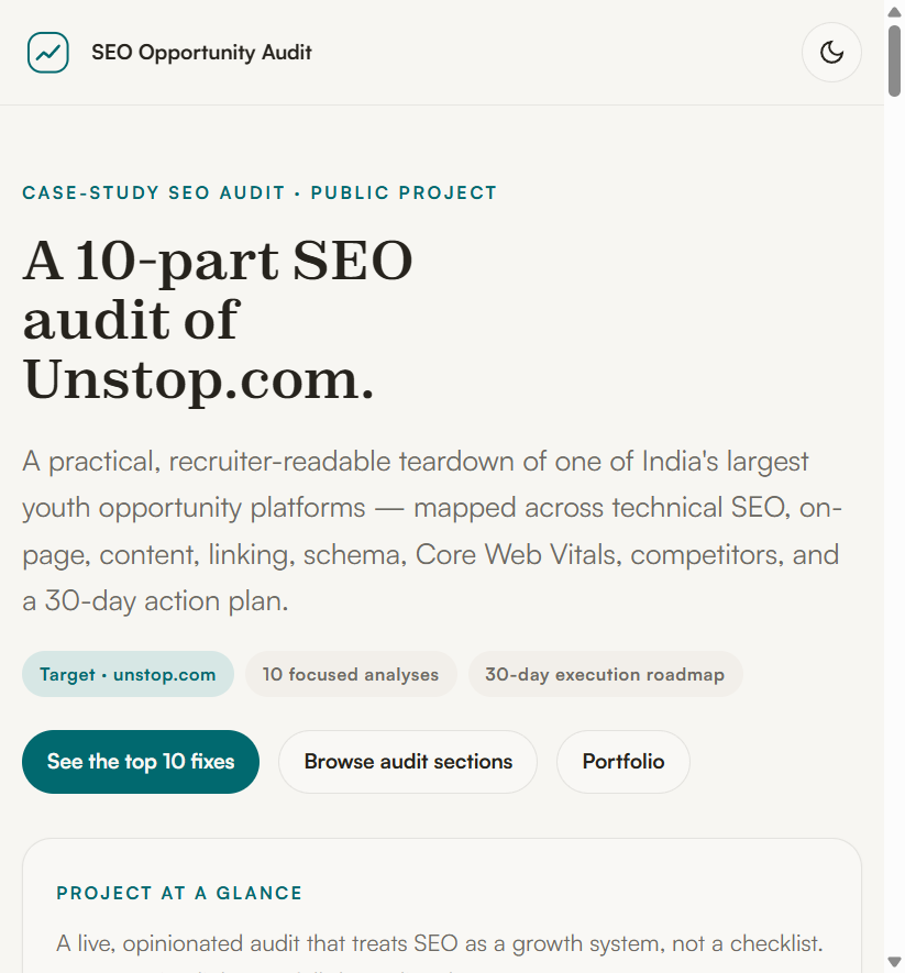 Unstop SEO audit project screenshot